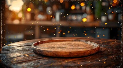 Fototapete - Warm and cozy wooden plate resting on a rustic countryside bar table surrounded by a golden bokeh glow that creates a cozy and inviting ambiance