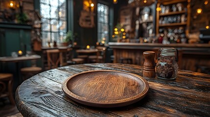 Fototapete - Warm and inviting countryside bar scene with a wooden plate placed on a rustic aged wooden table in the foreground surrounded by cozy decor and vintage accents