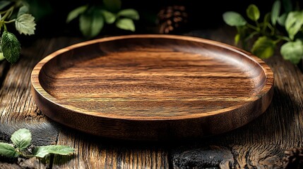 Fototapete - Warm and inviting countryside bar background featuring a weathered wooden plate placed on a rustic vintage style table   an ideal setting for creating cozy