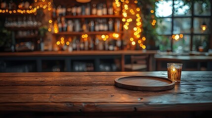Aufkleber - Warm and inviting countryside bar setting with a wooden table and plate in the foreground illuminated by soft golden bokeh lighting creating a cozy and relaxing atmosphere