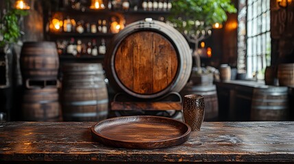 Fototapete - Warm and inviting rustic bar background featuring a wooden table and plate in the foreground surrounded by oak barrels and vintage industrial lighting creating a cozy and elegant atmosphere