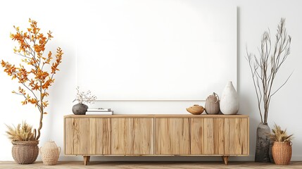 Poster - Warm and inviting living room interior design featuring a wooden cabinet adorned with a tasteful arrangement of decorative elements such as vases plants