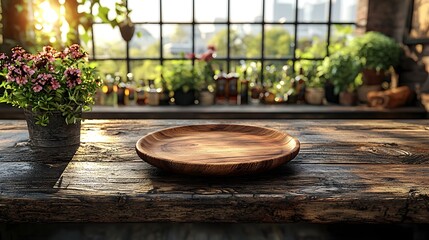 Poster - Warm and inviting rustic countryside bar background featuring a weathered wooden plate resting on an aged textured wooden table  This image creates a cozy