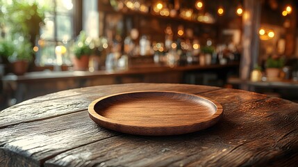 Fototapete - Warm and inviting rustic countryside bar setting with a glowing wooden plate in the foreground placed on a detailed textured wooden tabletop surrounded by the cozy comfortable ambiance and lighting