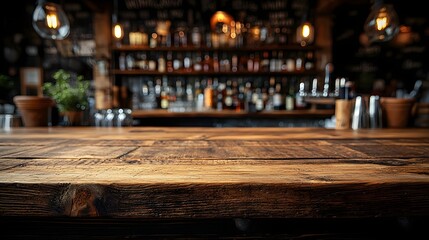 Fototapete - Warm and inviting rustic wooden table surface with a natural finish set against a cozy countryside bar background with soft lighting creating a charming and relaxing ambiance