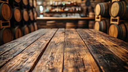 Fototapete - Weathered distressed wooden table in the foreground of a cozy countryside bar setting with warm rustic tones and barrels stacked in the background creating a vintage artisanal atmosphere
