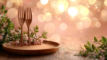 Aufkleber - Wooden plate and cutlery set surrounded by a soft glowing bokeh effect creating a warm and elegant backdrop for food photography or product showcasing
