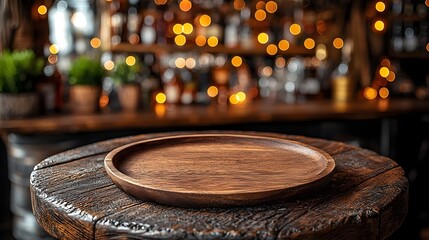 Poster - Wooden plate on a textured table in the foreground of a warm rustic bar scene surrounded by soft glowing bokeh lights creating a cozy and inviting atmosphere for food drinks and gathering