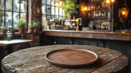 Fototapete - Wooden plate on a natural wood table in the foreground of a cozy warm lit rustic countryside bar setting with a welcoming vintage ambiance