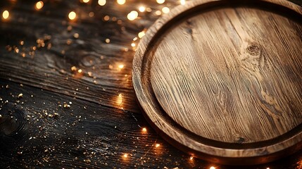 Aufkleber - Wooden plate positioned with a detailed textured surface and surrounded by soft golden bokeh lights creating a warm and inviting photographic setting for a cozy elegant and minimalist scene