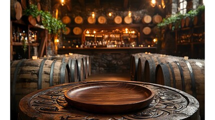 Fototapete - Wooden plate resting on a detailed weathered table in a cozy rustic countryside bar surrounded by charming wooden barrels and warm inviting lighting creating a traditional homey ambiance