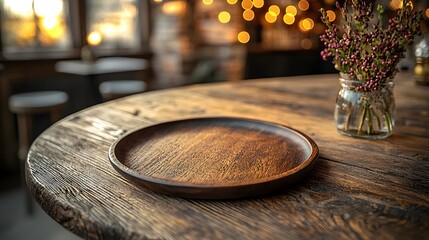 Fototapete - Wooden plate resting on a detailed rustic wooden table set in the foreground of a warm inviting countryside bar with a cozy glowing bokeh lighting atmosphere