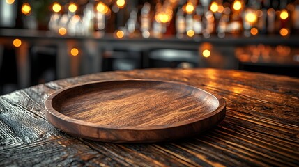 Fototapete - Wooden plate resting on a textured rustic wooden table surrounded by a warm glowing bokeh of soft lights in the background creating a cozy and inviting atmosphere for a bar cafe or restaurant setting