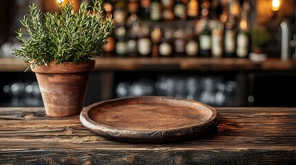 Fototapete - Wooden table with a rustic plate in the foreground set against a warm and inviting countryside bar backdrop with natural textures and lighting creating a cozy and homely atmosphere