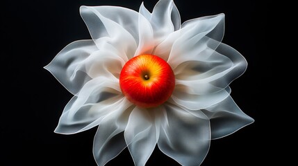 Sticker - Close up of a red apple with a white stem. The apple is surrounded by a white flower-like material. Concept of delicacy and beauty, as the apple is presented in a unique and artistic way