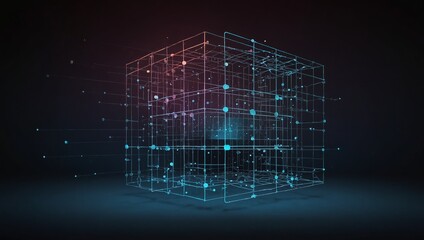 Wall Mural - a dynamic data cube with a futuristic wireframe design, symbolizing big data visualization on a dark