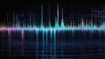 Wall Mural - a dynamic digital artwork showing soundwaves in different frequencies, illuminated by volume levels 