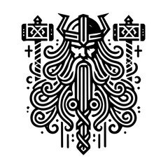 Odin, God of War:  A striking line art illustration of Odin, the Norse God of War, depicted with his flowing beard, horned helmet, and flanked by two Mjolnirs.