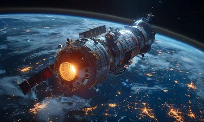 Poster - space station orbiting earth with cutting-edge technology