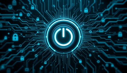 digital power button with data security padlocks on cyber circuit board design