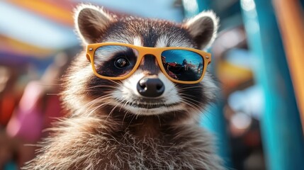 Charming raccoon showcasing bright sunglasses and a playful demeanor, offering a delightful visual experience, celebrating the beauty of wildlife in a colorful and dynamic setting.