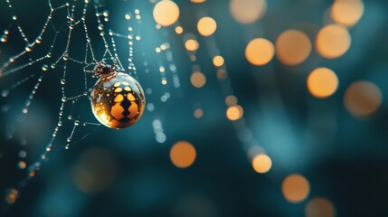 Dewdrops adorn a spider on its glistening web