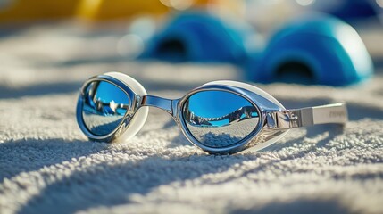 Adjustable competition goggles in a sleek silver design, lying on a towel with blurred swimming caps nearby.