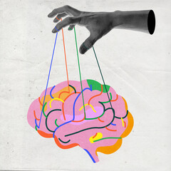 abstract depiction of brain with vibrant neural connections manipulated by hand. mental health, cont