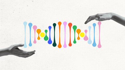 abstract colorful dna helix held by two hands, symbolizing genetics, biology, and advancements in me
