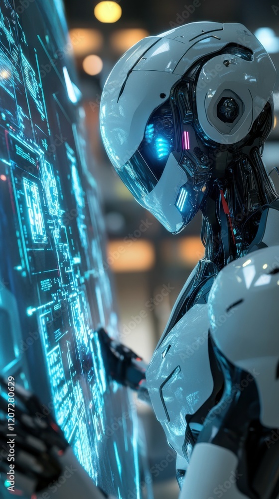 Futuristic robot interacting with a glowing holographic display ...