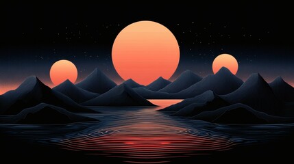 sunset over mountainous landscape with three celestial bodies