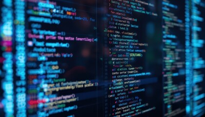 Close-up computer screen showing coding, blurred background, developer work