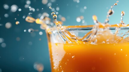 A vibrant splash of fresh orange juice captures the essence of refreshment and vitality in a clear glass, set against a colorful, blurred background.