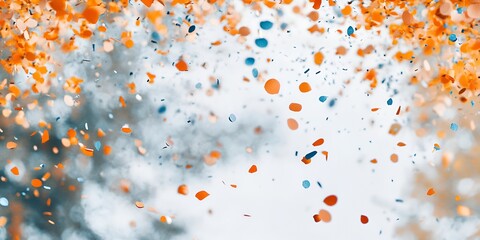 Wall Mural - White background, orange and blue confetti falling through the air, creating a layered effect. The particles were scattered from left to right across one-third of the picture,