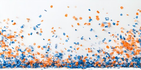 Wall Mural - White background, orange and blue confetti falling through the air, creating a layered effect. The particles were scattered from left to right across one-third of the picture,
