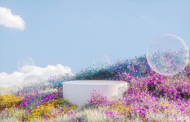 Poster - Abstract spring flowers landscape scene with white podium and soap bubbles. 3d rendering.