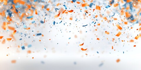 Wall Mural - white background, orange and blue confetti flying in the air, illustration style, ample white space 