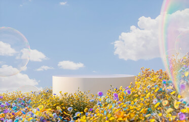 Poster - Abstract spring flowers landscape scene with white podium and soap bubbles. 3d rendering.