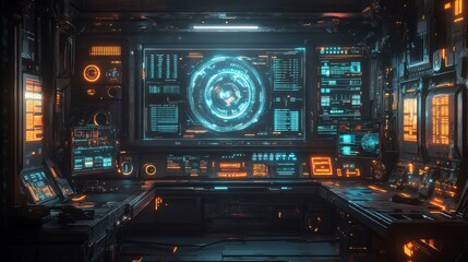 Futuristic Control Panel Interface with Glowing Lights and Digital Displays