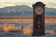 © hkjdesign - Antique grandfather clock stands alone in a vast, sunlit desert landscape, evoking a sense of time and solitude.