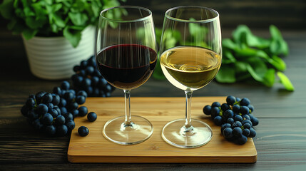 Red and white wine in glasses in restaurant