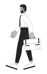 Canvas Print - African american businessman walking confidently with briefcase black and white 2D line character. Professional black man in shirt tie isolated vector outline person. Monochromatic spot illustration