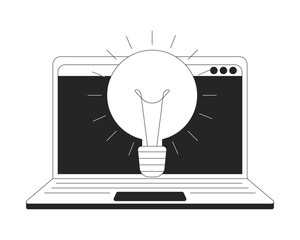 Wall Mural - lightbulb idea against open laptop screen black and white 2d line object. online solutions. bright l