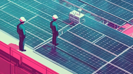 Two workers inspecting a large solar panel array