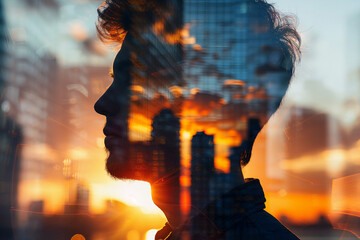 Wall Mural - silhouette of a worker against a backdrop of city lights generative ai double exposure