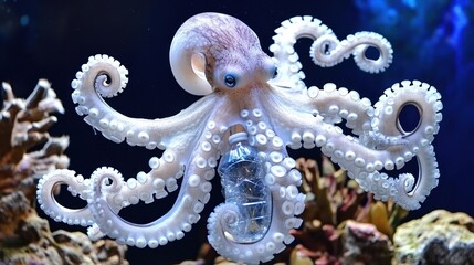 octopus holding plastic bottle ocean life marine animal wildlife underwater scene