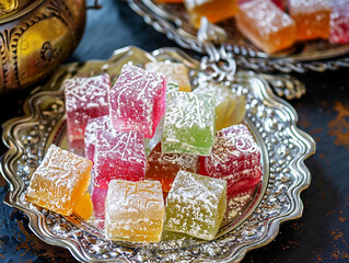 Wall Mural - Colorful pieces of Turkish delight on a decorative plate, a traditional oriental treat for the Ramadan holiday