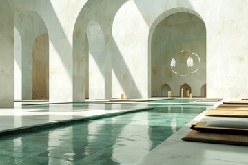 Poster - Serene mosque interior; water feature, arches, sunlight.