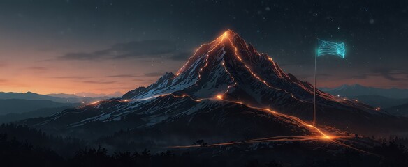 Wall Mural - a futuristic vector design of a mountain with a glowing path and a wireframe flag, illustrating the 