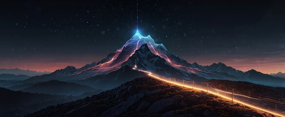 Wall Mural - a futuristic vector design of a mountain with a glowing path and a wireframe flag, illustrating the 
